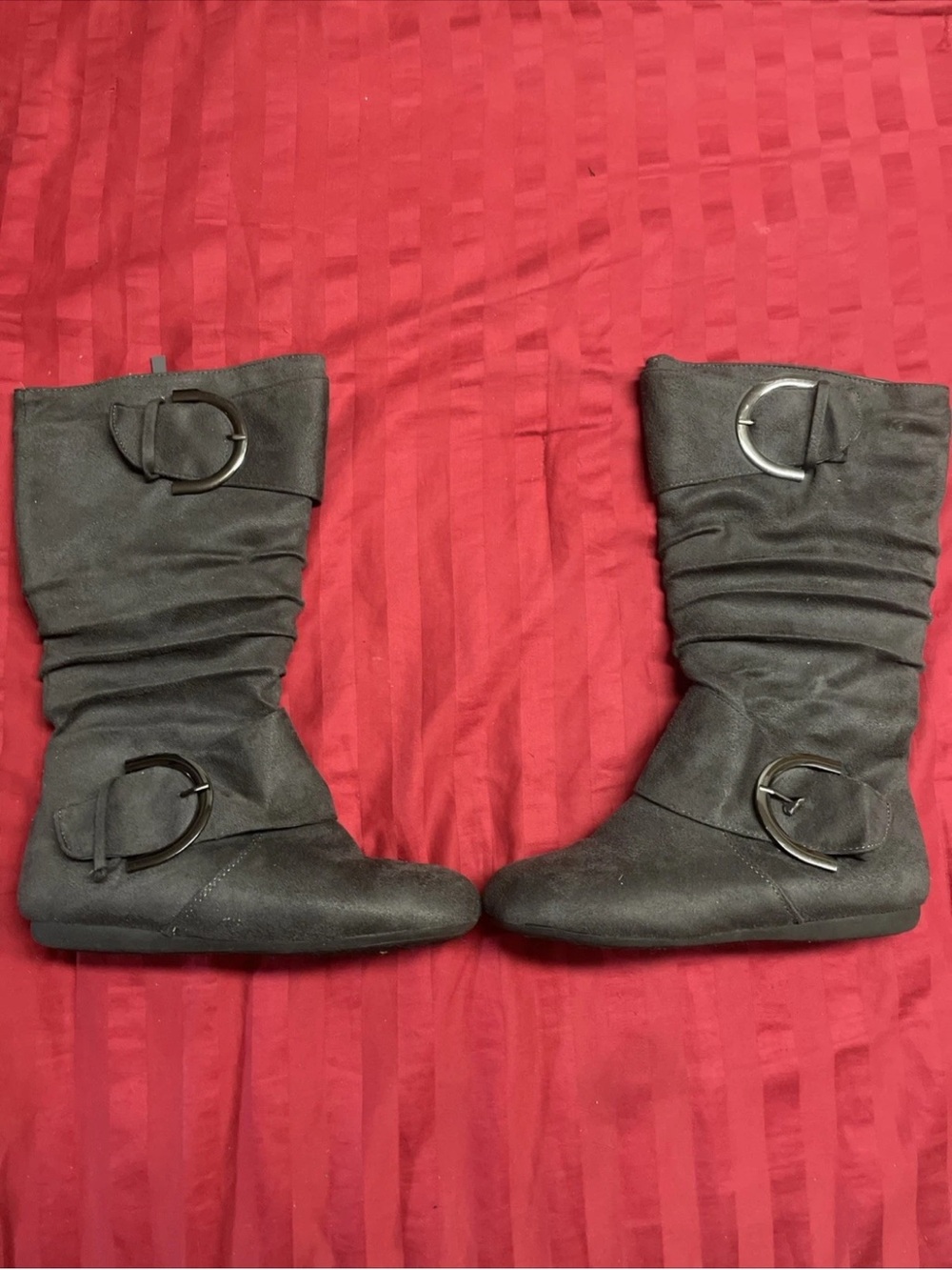 TOP Moda Black Slouchy Mid-Calf Buckle Boots with Ring Accents